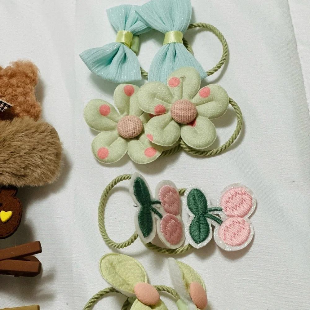 Kids Hair Accessories Set - Pastel and Neutral Tones Bear and garden theme